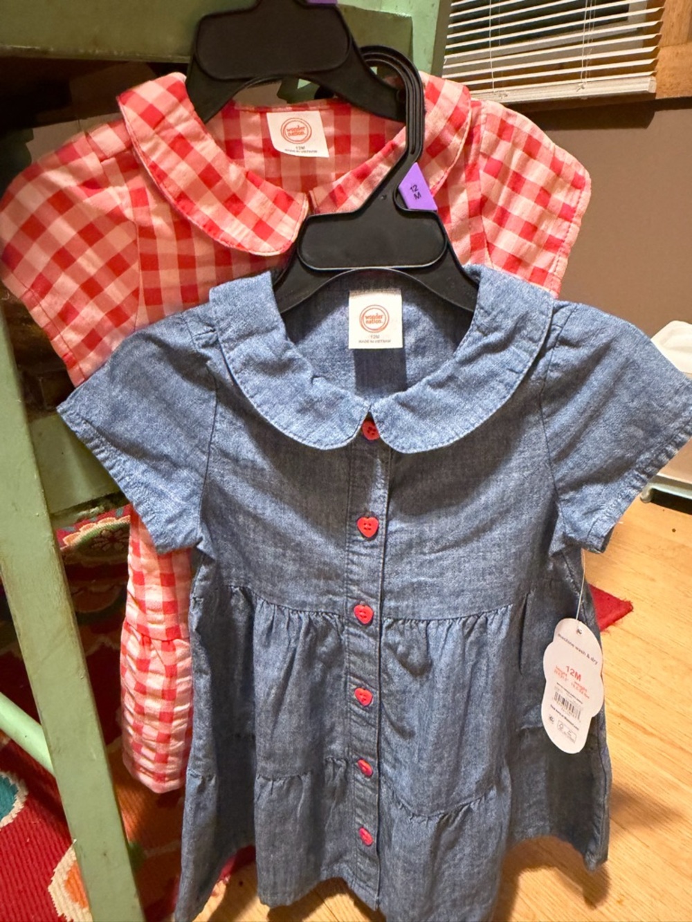 Wonder Nation Baby Girl Dress Bundle (2) NWT Chambray & Red Gingham 12M